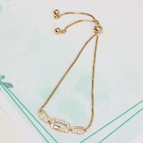 Elegant Rose Gold Adjustable Bracelet with Sparkling Rectangle Charms, XPAB0632 - Picture 3 of 12